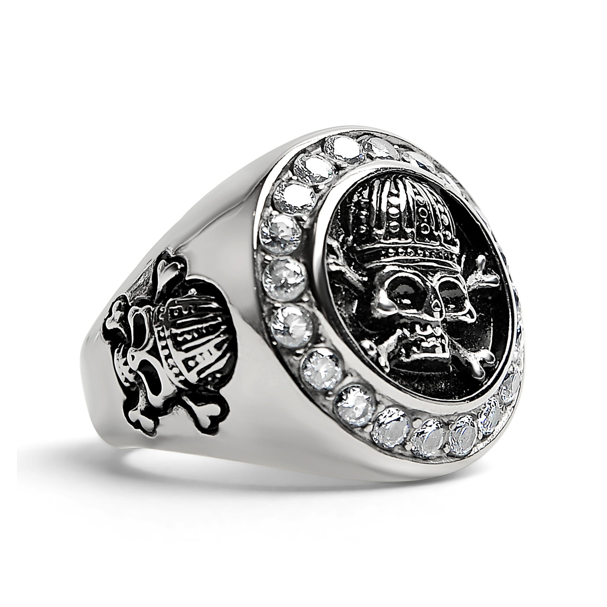 Stainless Steel King Skull And Crossbones With CZ Accent Stones Signet RING / SCR4052