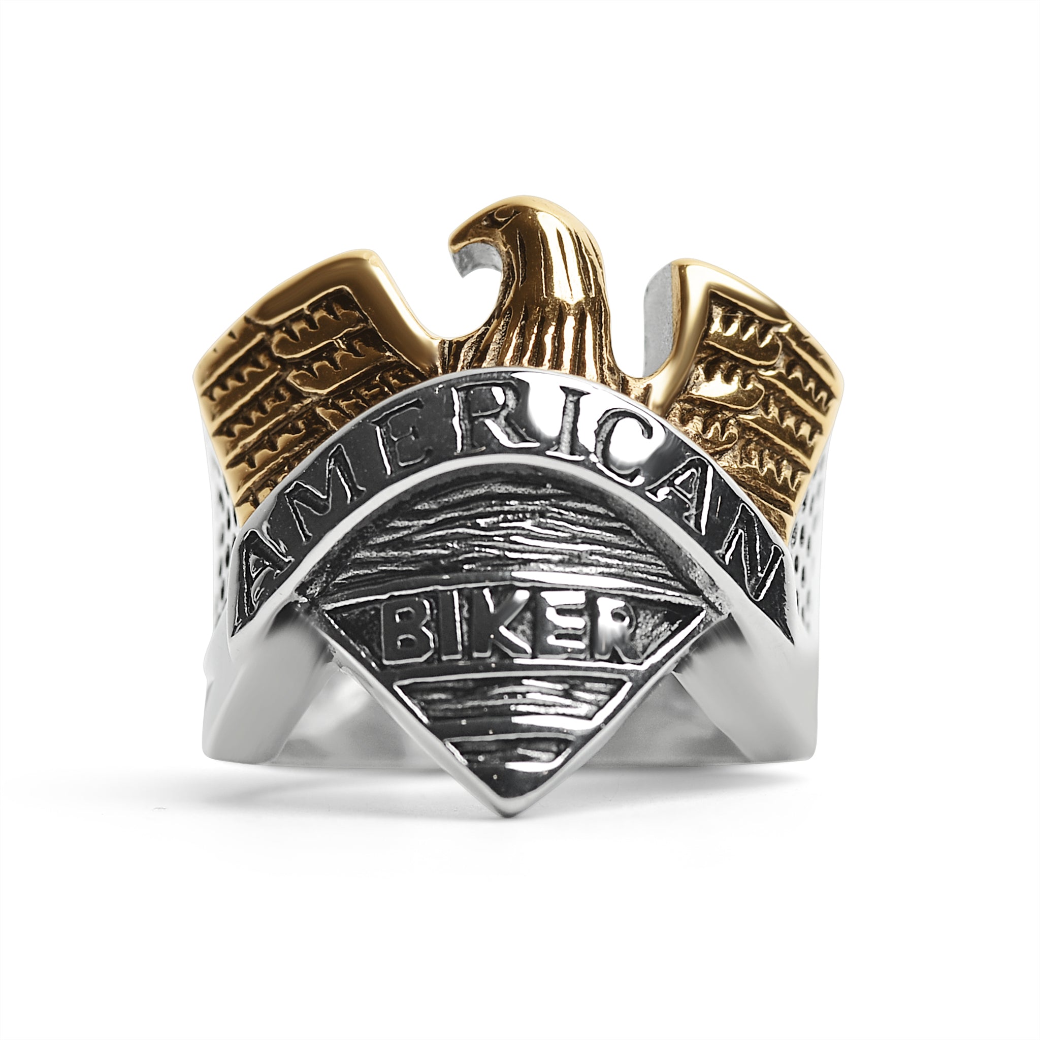 ''Stainless Steel ''''AMERICAN BIKER'''' With 18K Gold Plated Eagle Ring / SCR4074''