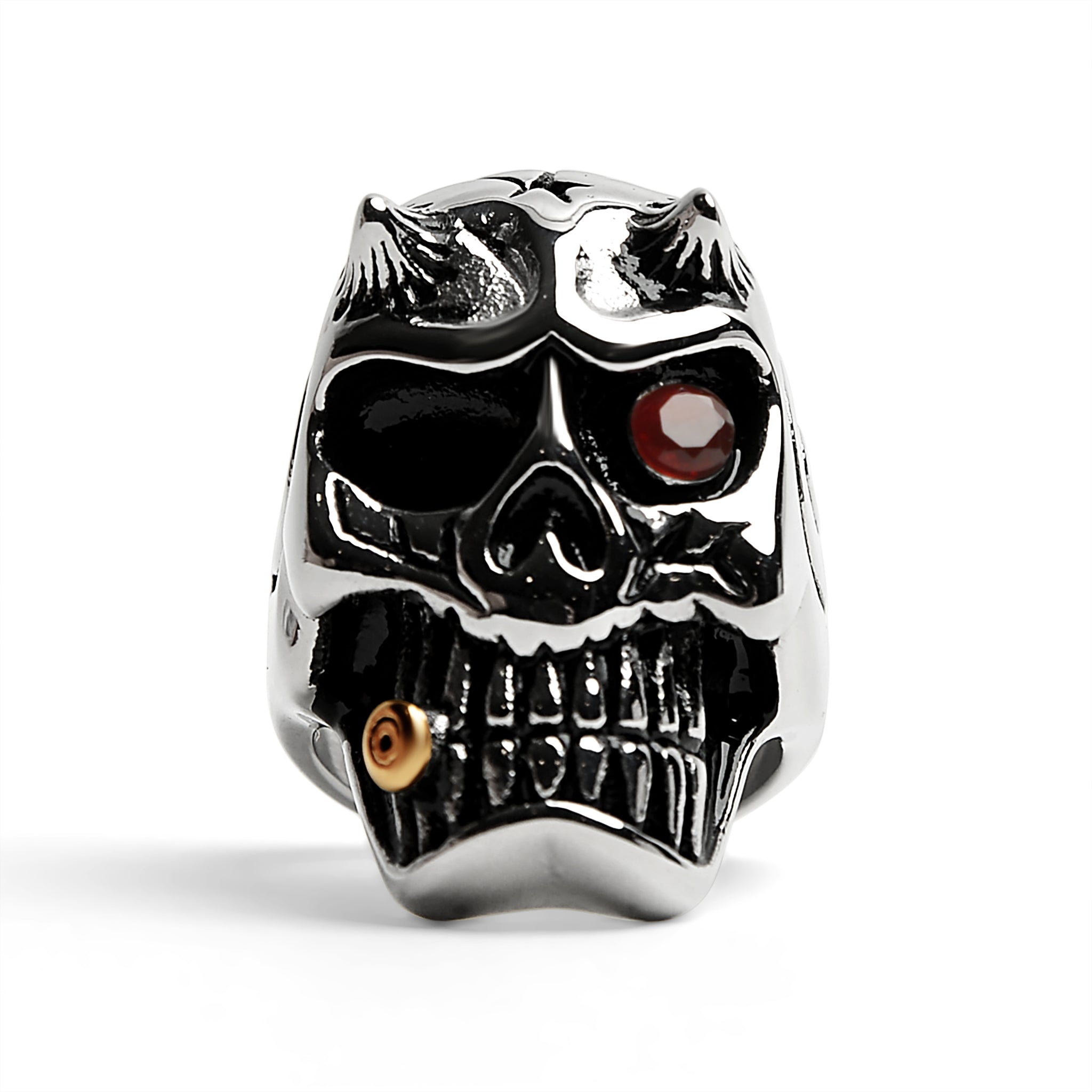 Stainless Steel Devil Skull With Red CZ Eye Smoking 18K Gold Plated CIGAR Ring / SCR4084