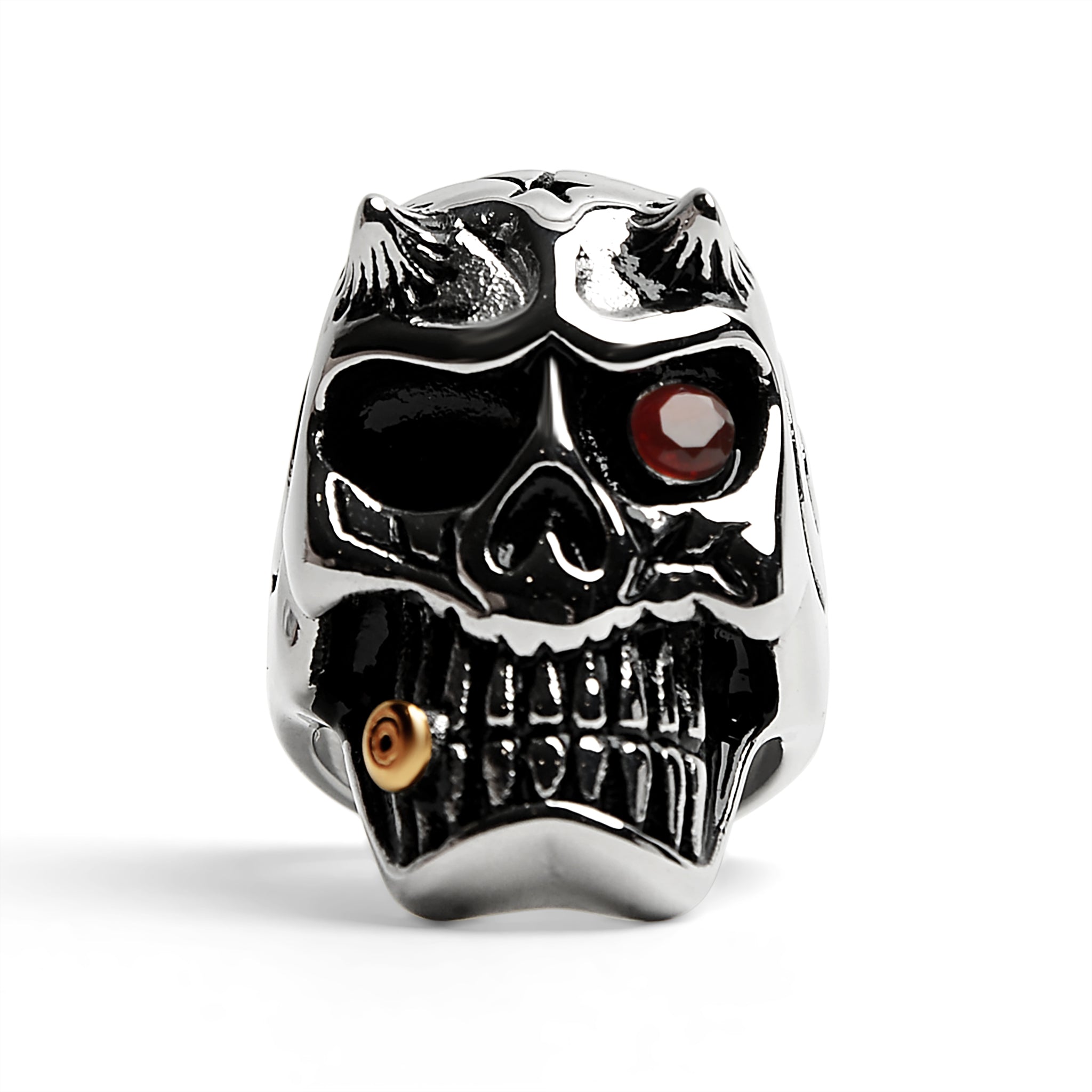 Stainless Steel Devil Skull With Red CZ Eye Smoking 18K GOLD Plated Cigar Ring / SCR4084