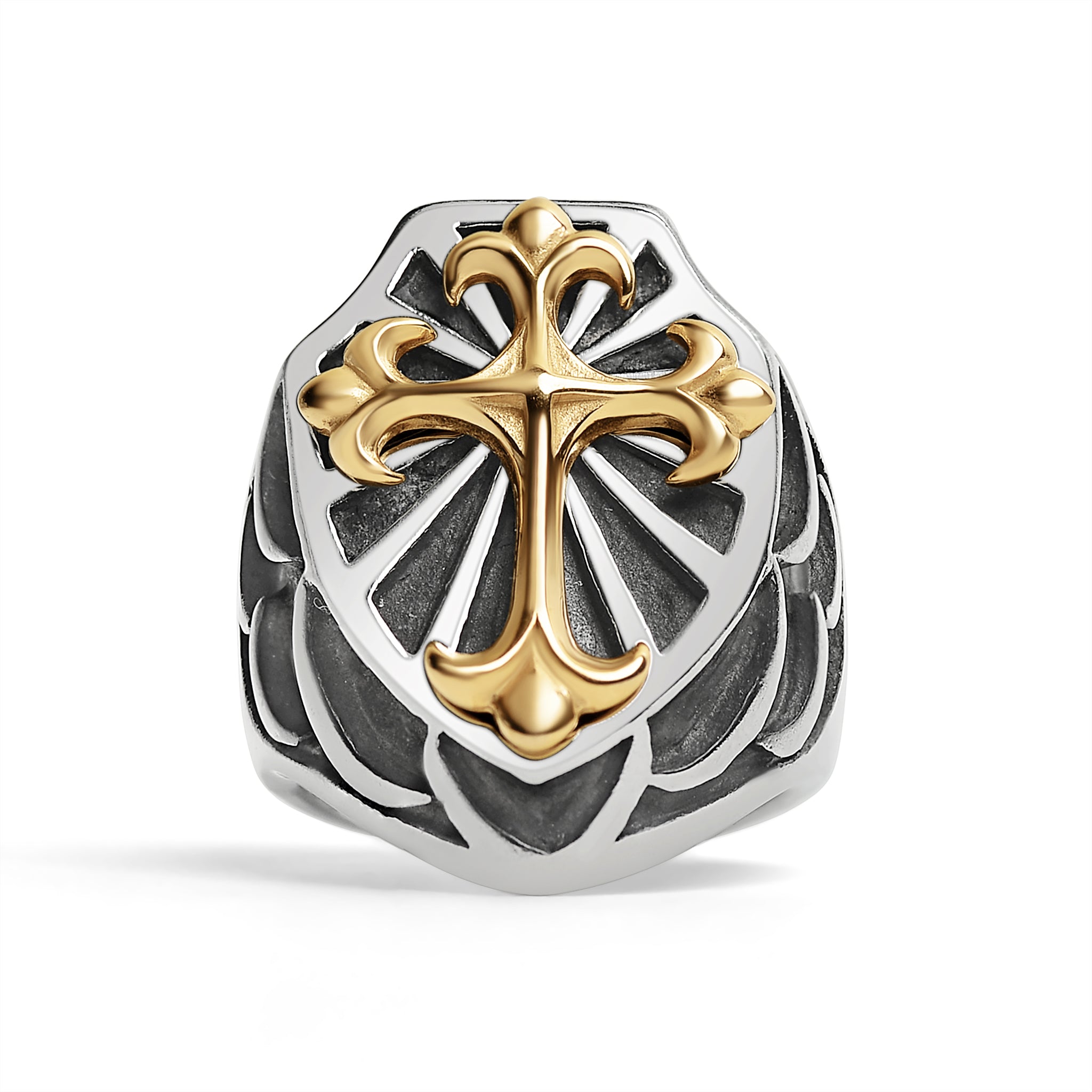 Stainless Steel 18K Gold Plated Cross On Shield Signet RING / SCR4091