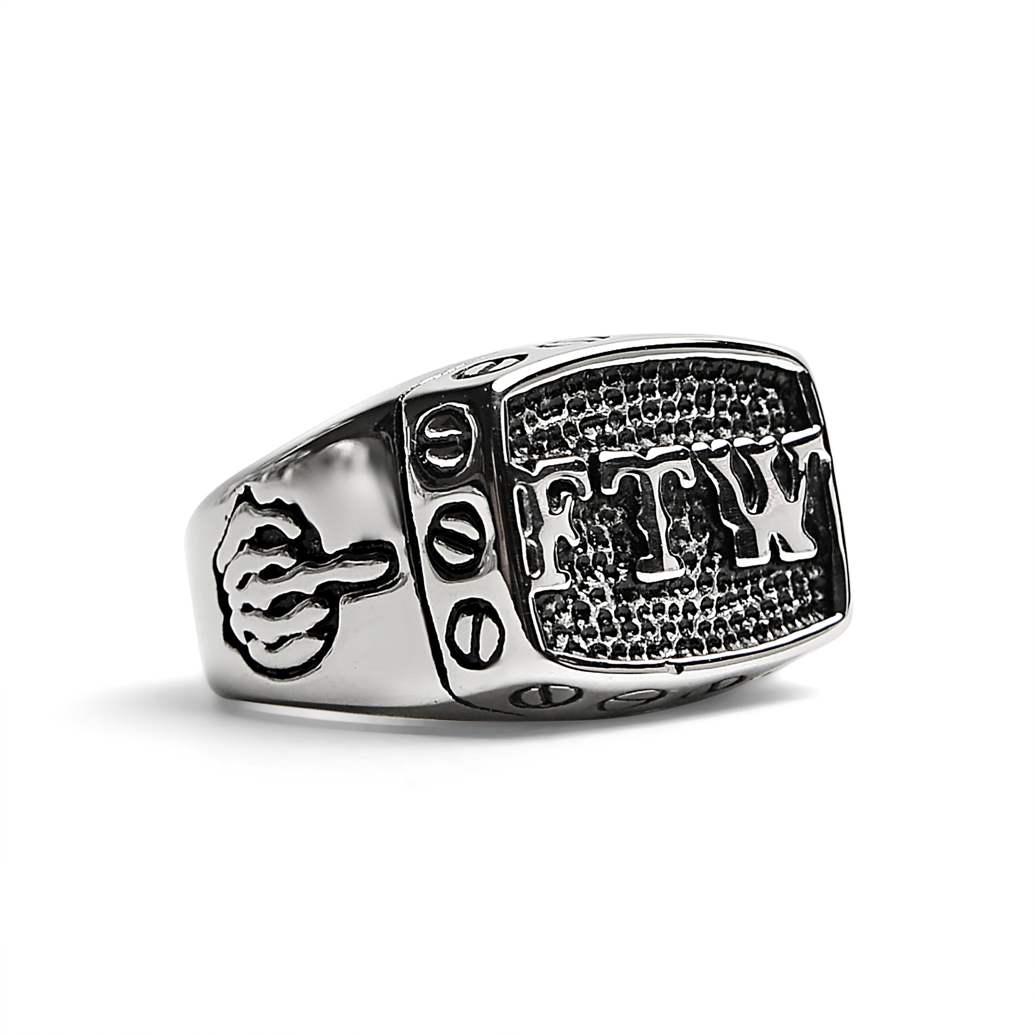 ''Stainless Steel ''''FTW'''' Middle Finger Signet Ring / SCR4098''