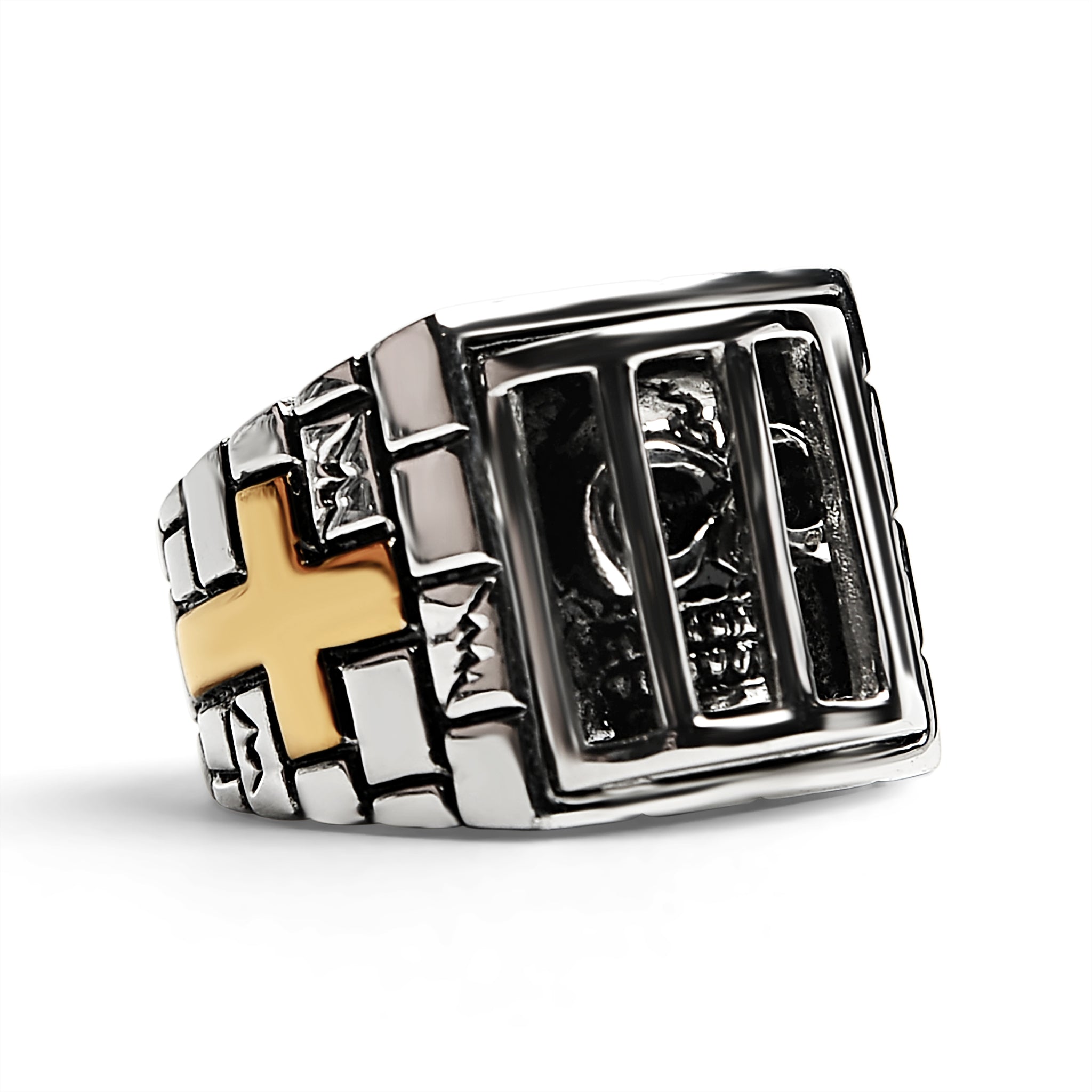 Stainless Steel Medieval Jailed SKULL With 18K Gold Plated Cross Accents Ring / SCR4101