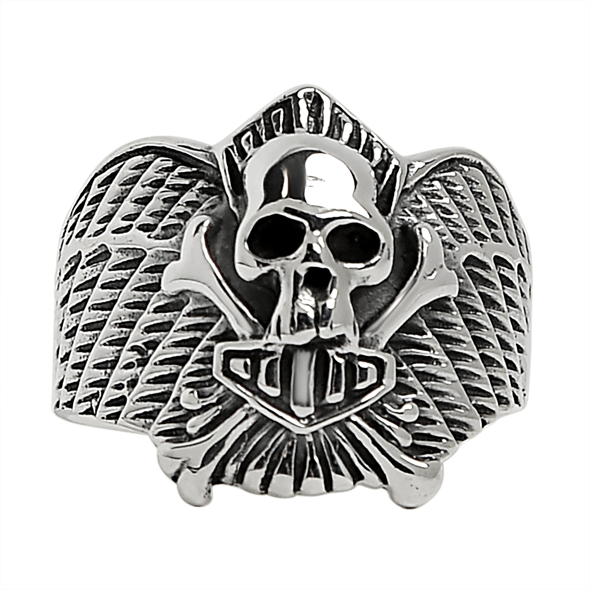 Sterling Silver Winged Skull And Crossbones Shield RING / SSR0003