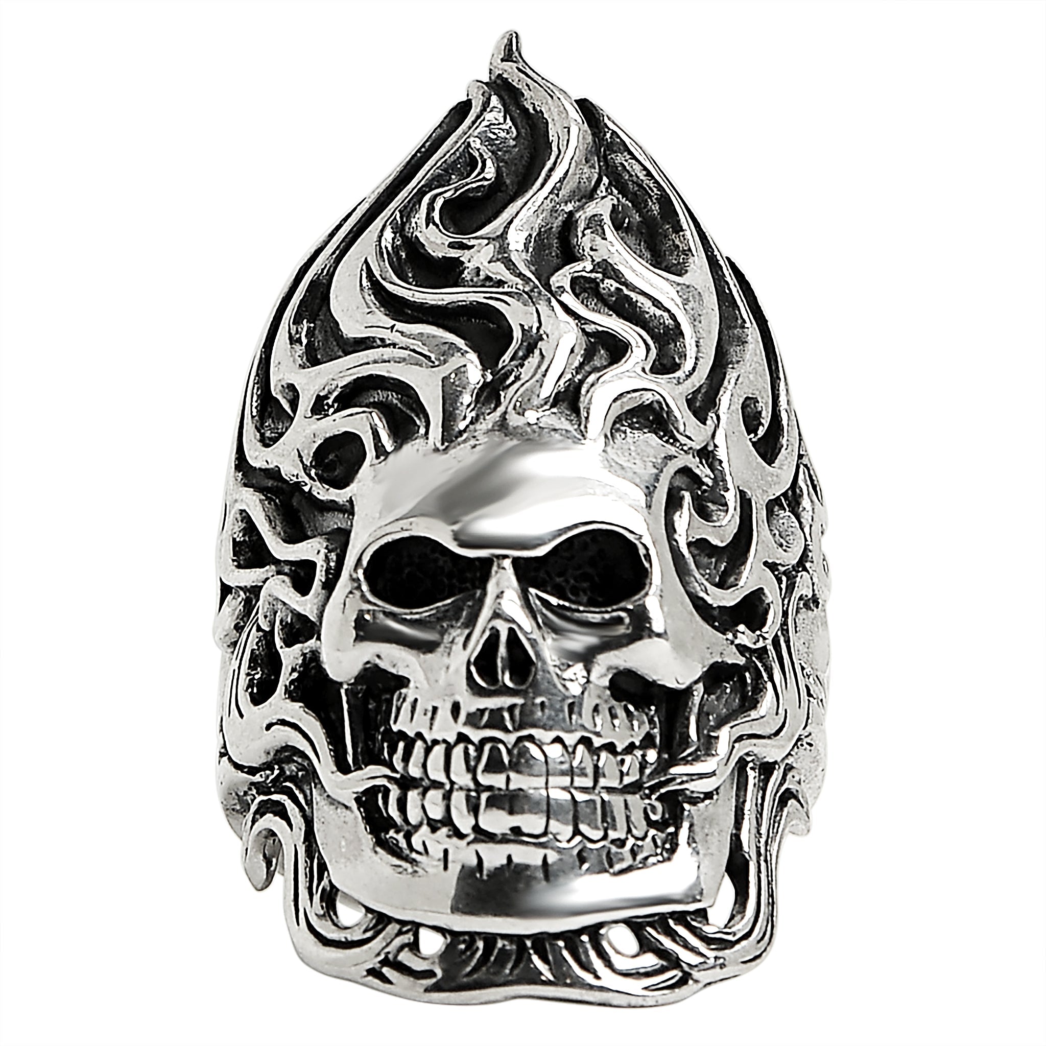 Sterling Silver FLAMING Skull with Chain Accents Ring / SSR0006