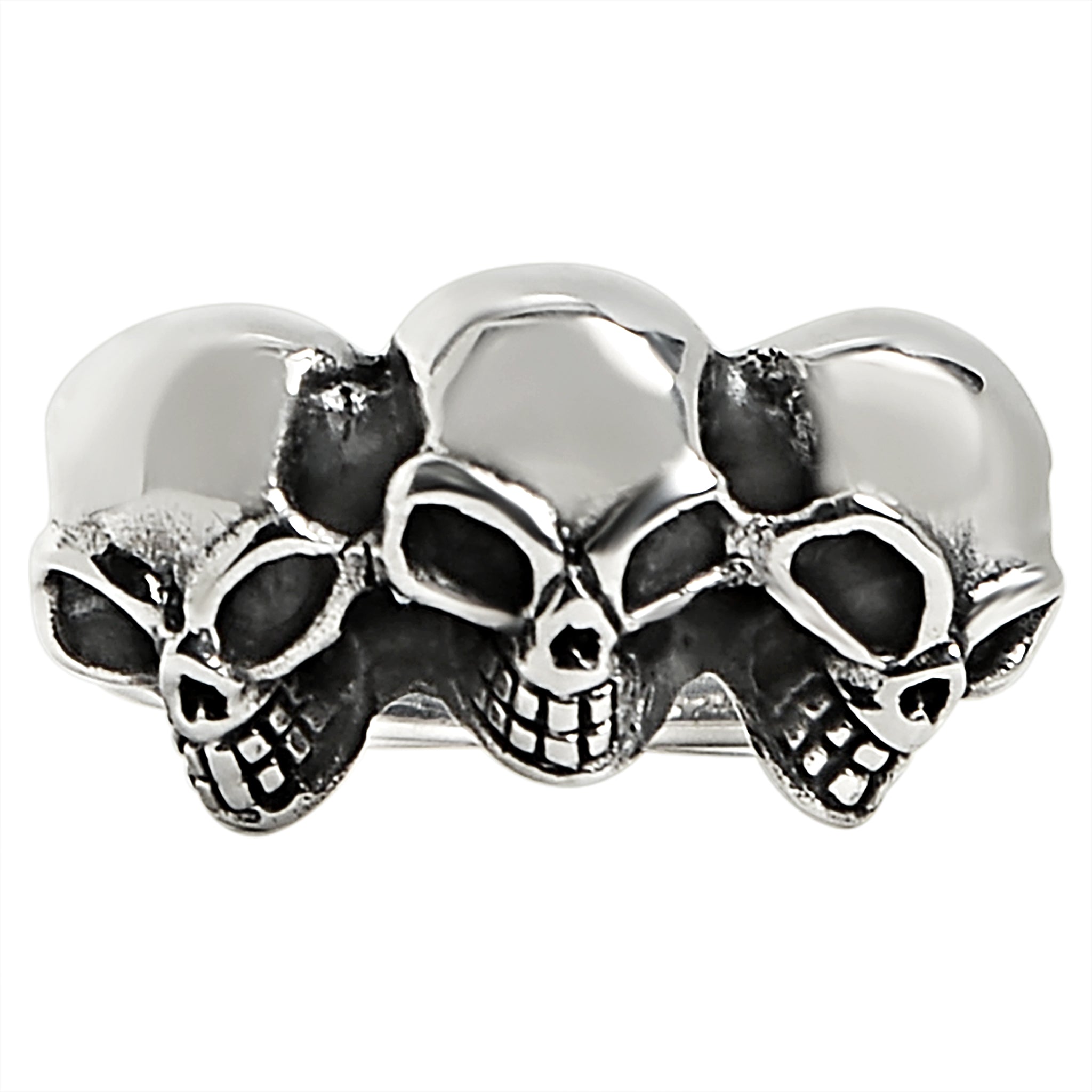 Sterling Silver Triple Black Eyed Skulls Ring / SSR0009