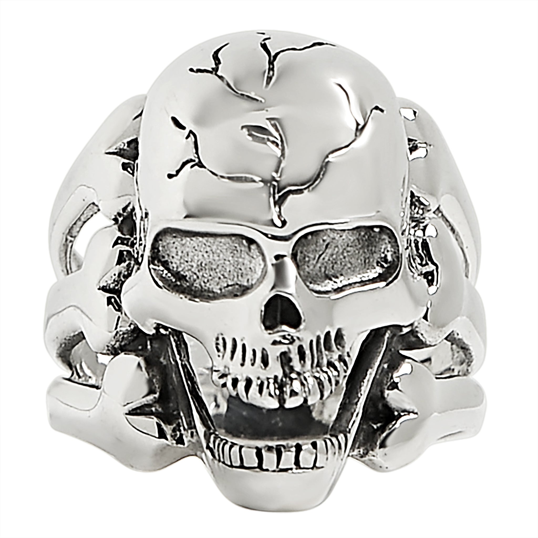 Sterling Silver Screaming Cracked SKULL with Bones Ring / SSR0010