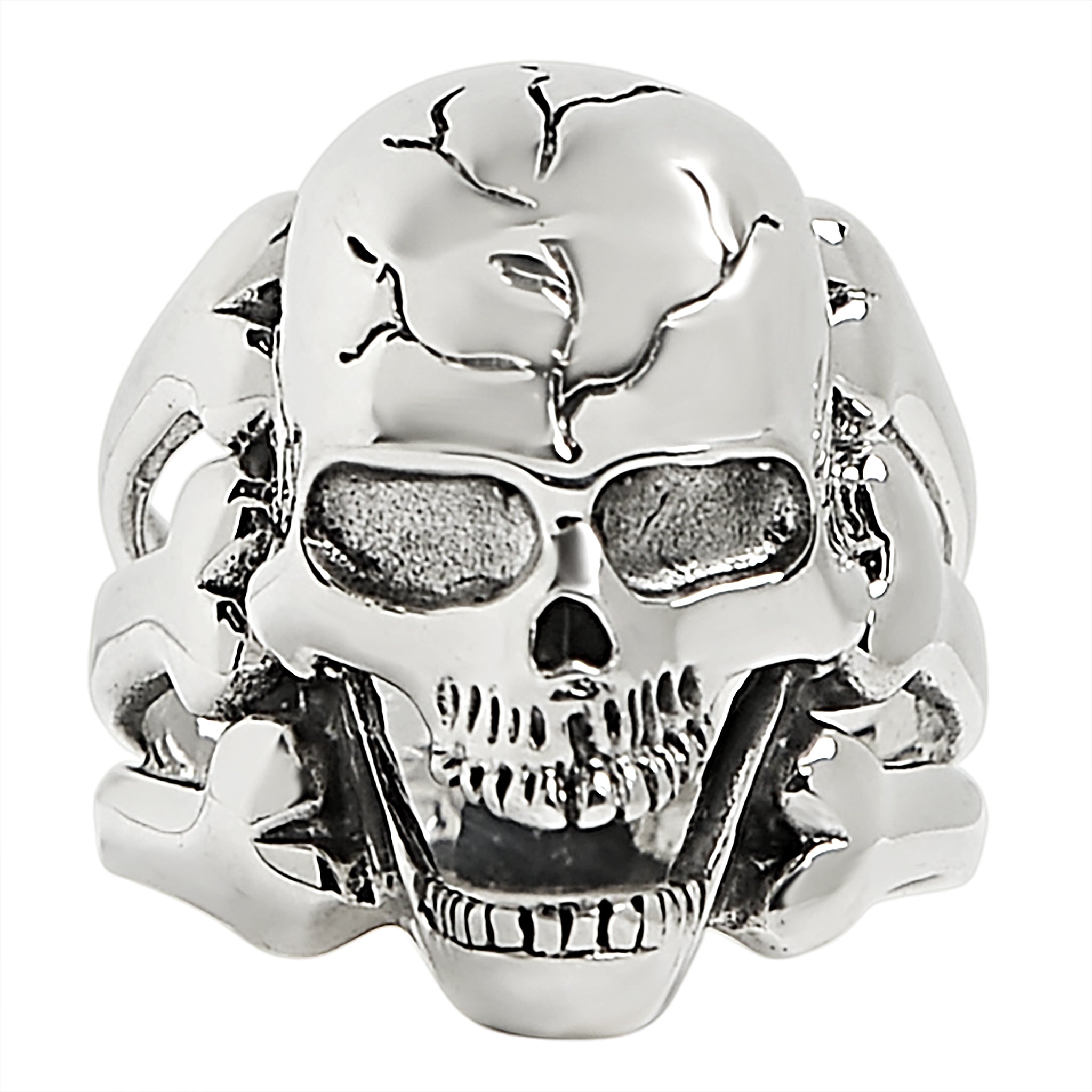 STERLING SILVER Screaming Cracked Skull with Bones Ring / SSR0010