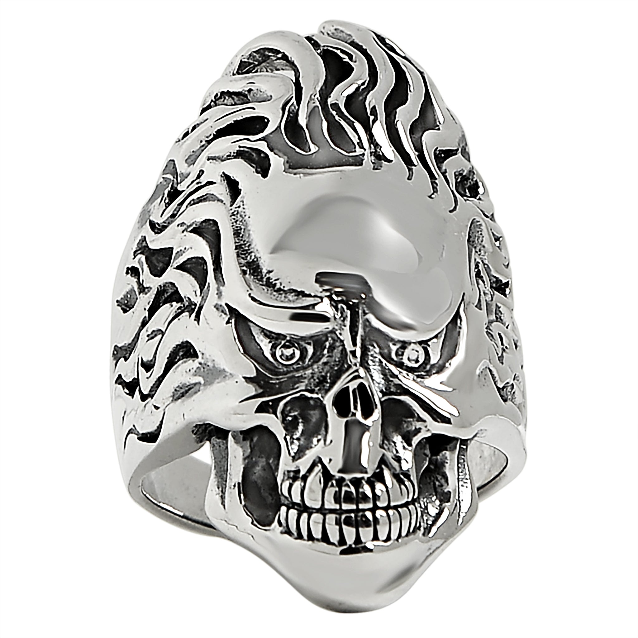 Sterling Silver Skull Flaming HAIR Ring / SSR0025