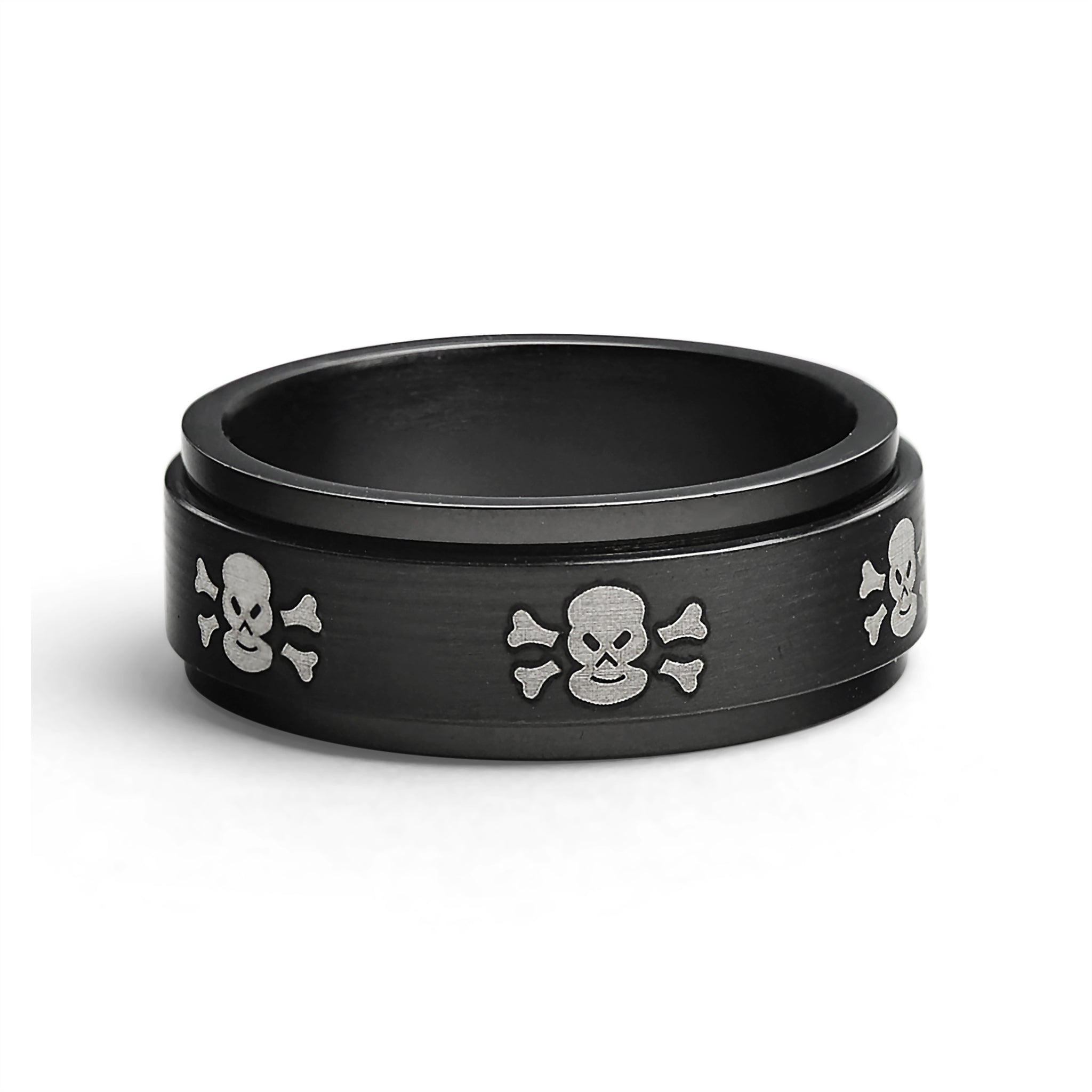 Black With White Skulls Stainless Steel SPINNER Ring / STC003