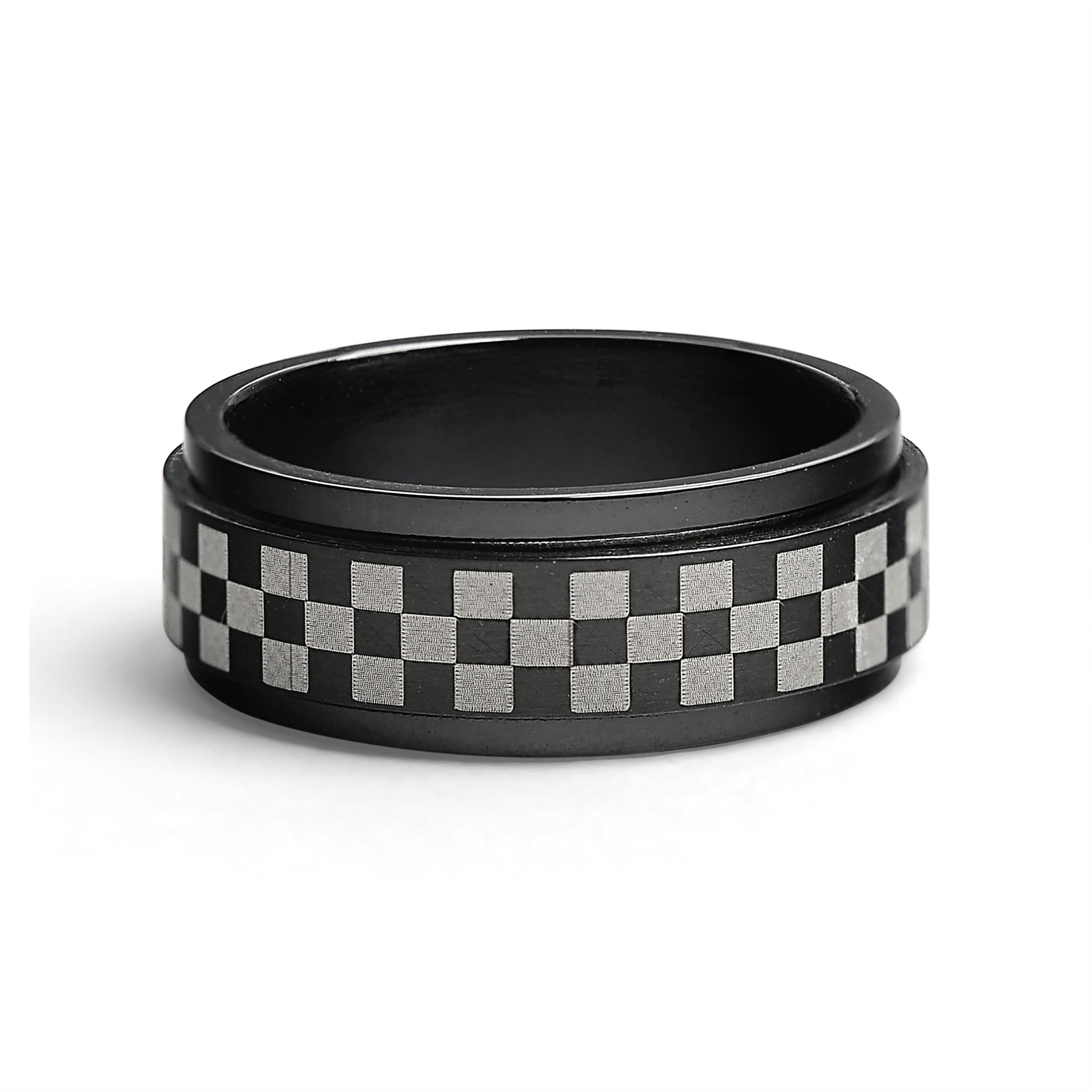 Black Checker Stainless Steel Spinner Ring / STC010