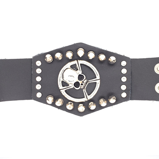 Black Leather Stainless Steel SKULL And Crossbones Studded Bracelet / LBJ12414