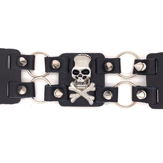 Black LEATHER Stainless Steel Skull And Crossbones Bracelet / LBJ12423