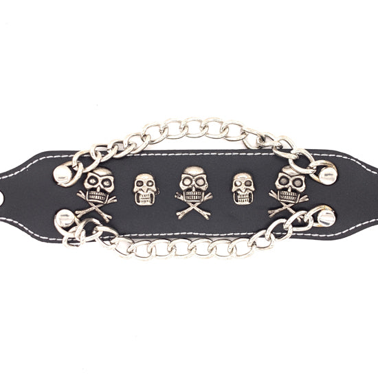 Black Leather Stainless Steel SKULL And Crossbones Chain Bracelet / LBJ12509