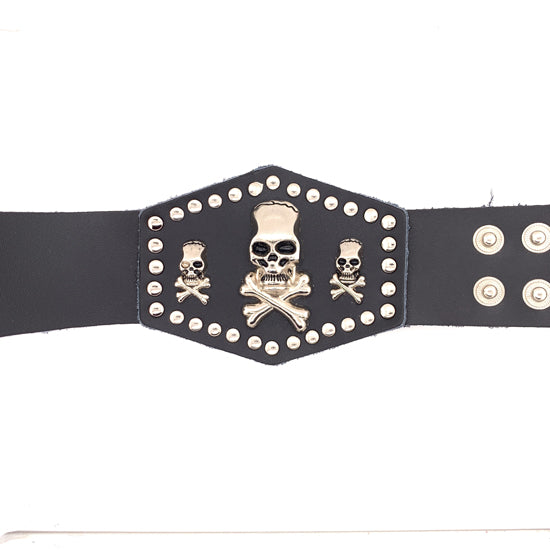 Black Leather Stainless Steel Triple Skull And Crossbones Bracelet / LBJ12511