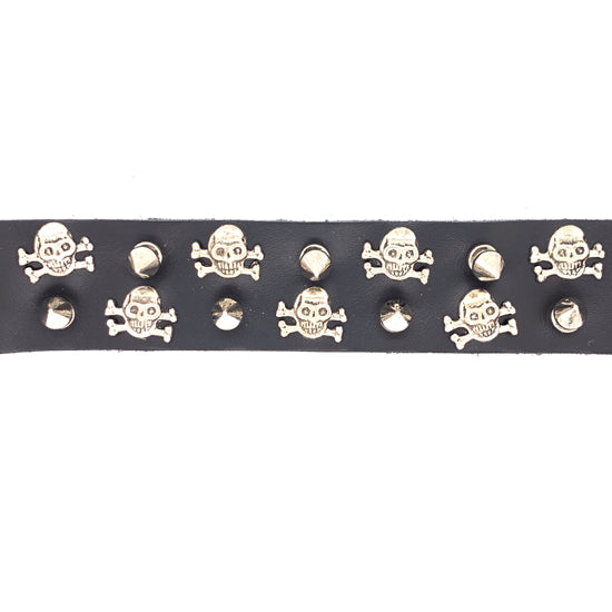 Black Leather Stainless Steel SKULL And Crossbones Studded Bracelet / LBJ12553