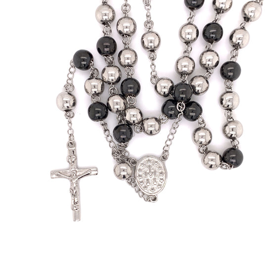 Stainless Steel Black Enamel Cross Rosary Necklace / NKJ0066