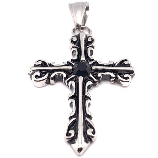 Stainless Steel Red CZ Stone Center Filigree Cross Figaro Chain NECKLACE / PDC2023-RTL