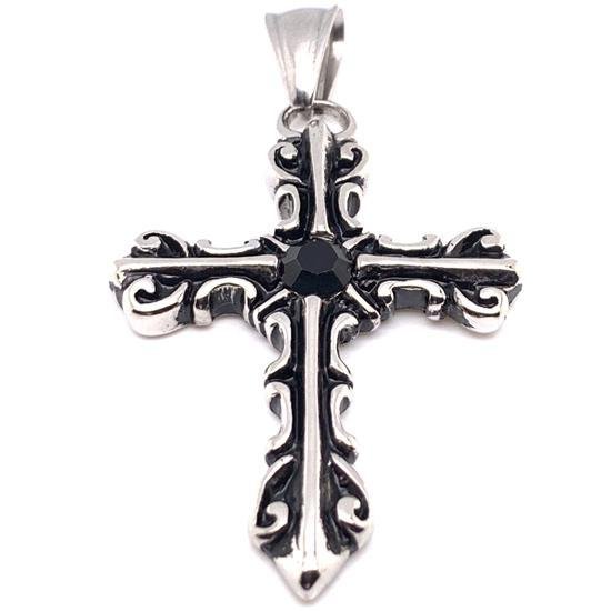 Stainless Steel Red CZ Stone Center Filigree Cross Figaro Chain Necklace / PDC2023-RTL