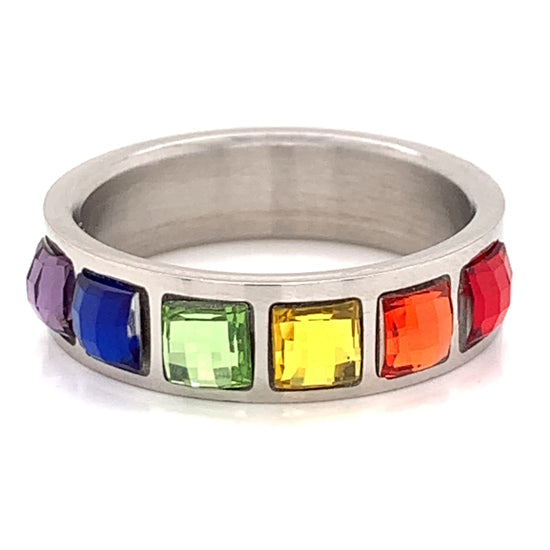 Partial Bezel Rainbow CZ Stainless Steel Ring / URS0001