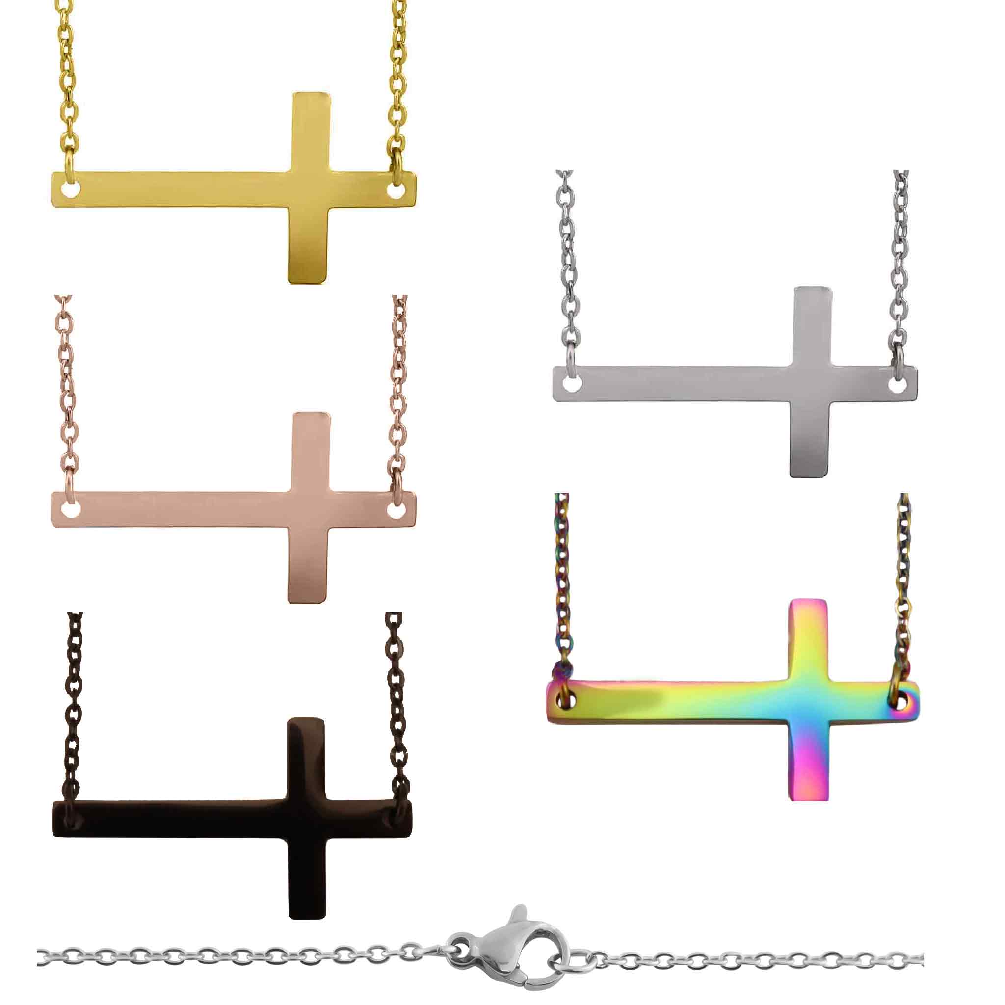 Stainless Steel Engravable Horizontal Cross Pendant Necklace / SBB0285