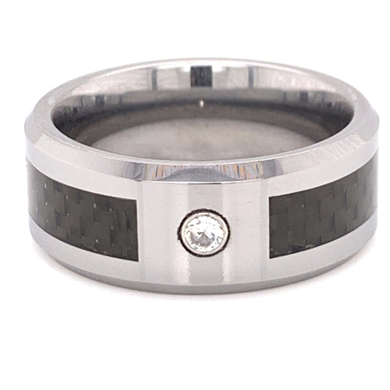 Black Fiber Center With Clear CZ Stone Tungsten Comfort Fit RING / TGR1013