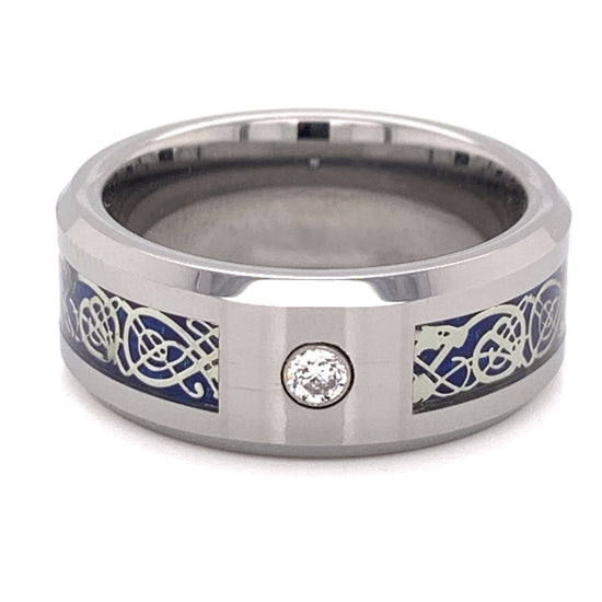 Blue Decorative Center With Clear CZ Stone Tungsten Comfort Fit RING  / TGR1014