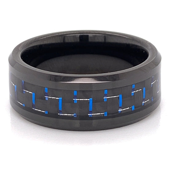 Black With Blue Accents Tungsten Comfort Fit Ring / TGR1020