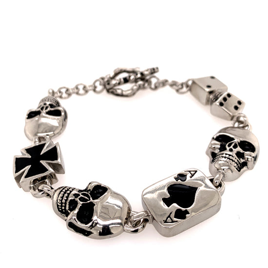 Stainless Steel Black SKULL Dice Ace of Spades and Maltese Cross Bracelet / WCB1010