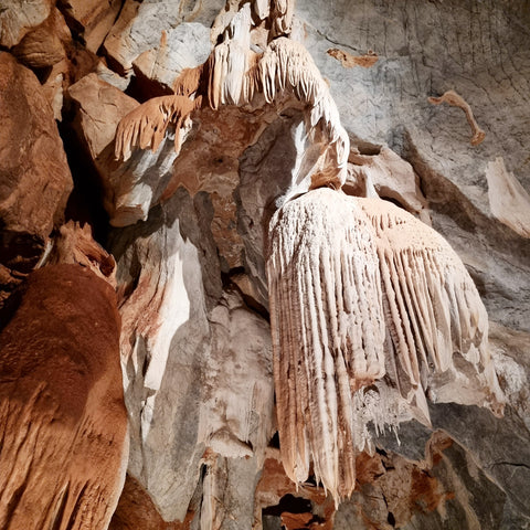 A stalactite is an upward-growing mound of mineral deposits that have precipitated from water dripping onto the floor of a cave.