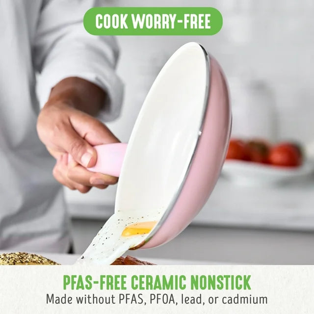 18-Piece Soft Grip Toxin-Free Healthy Ceramic Non-Stick Cookware Set, Pink,