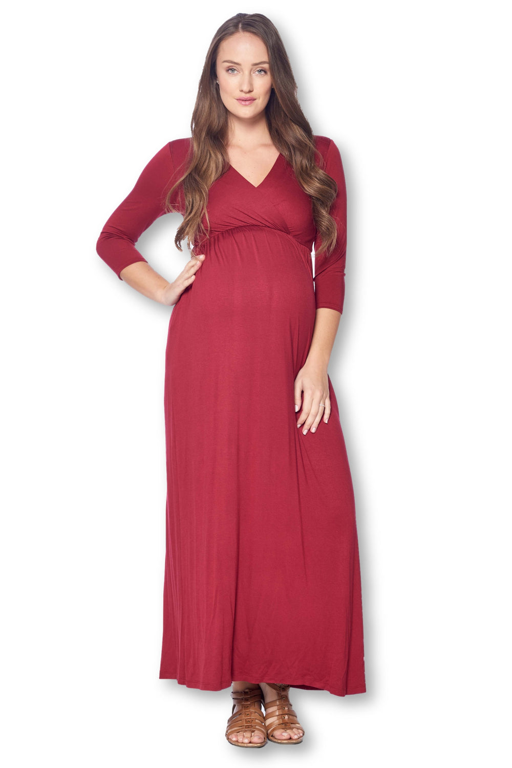 3/4 Sleeve Wrapped Ruched Maternity Dress | starmotherhood