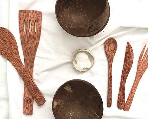 coconut bowl and coconut wood utensils