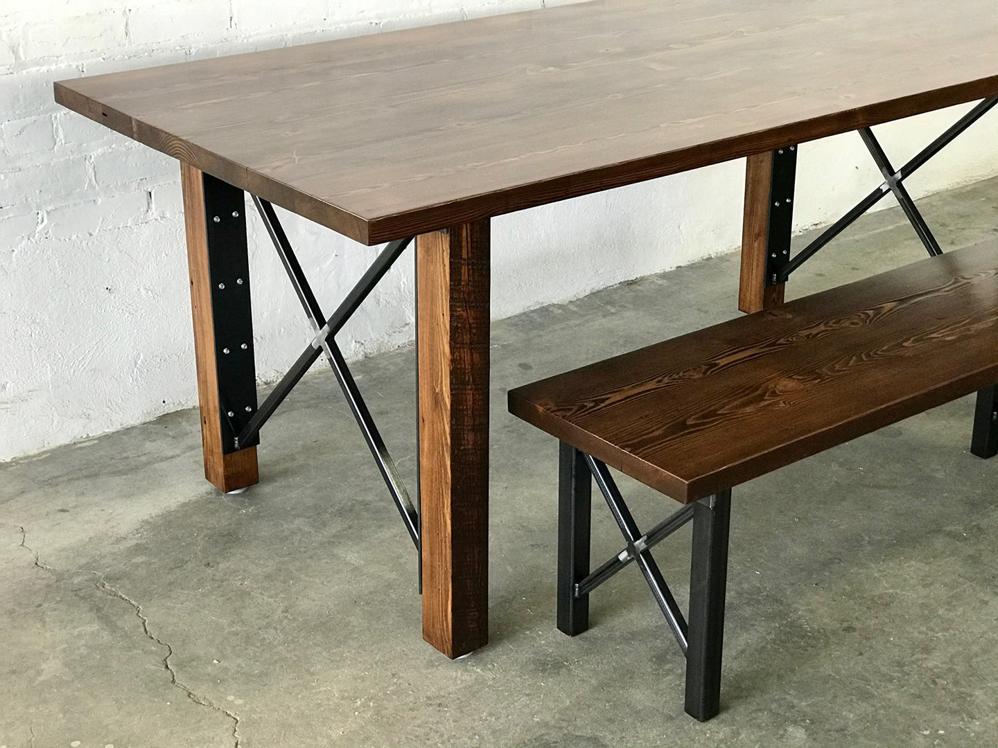 Urban Farmhouse Dining Table and Bench Set Walnut Stain Finish