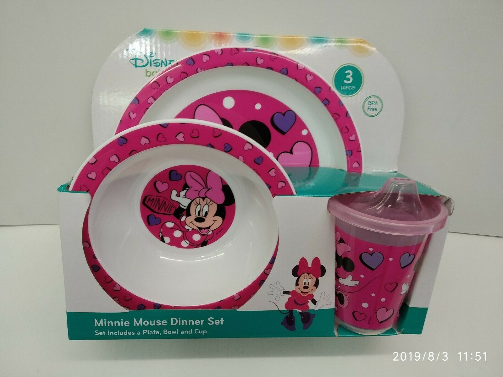 Minnie Mouse 3pc Dinner Set in Open Box (Plate, Bowl and Cup