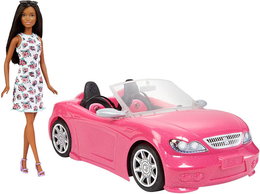 Barbie Doll & Convertible Car Brunette Figure Pink Vehicle Mattel