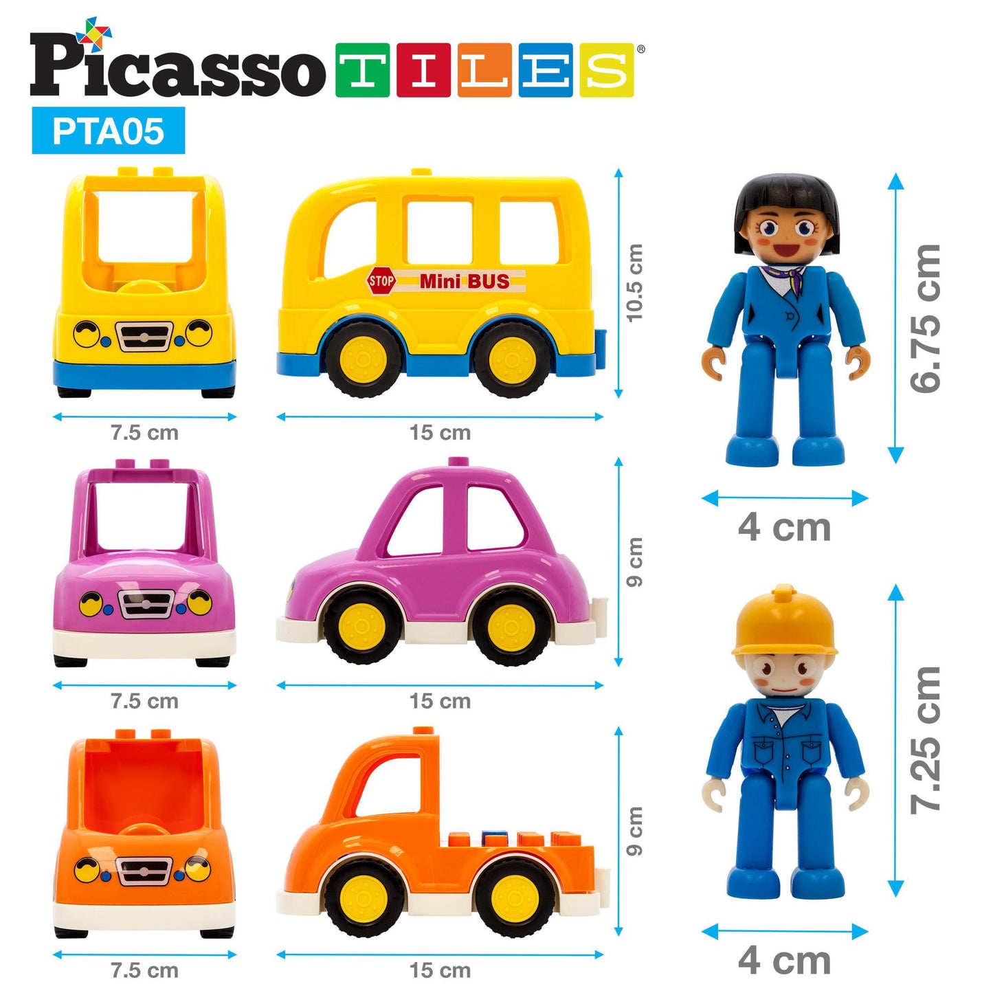 PicassoTiles Magnetic 5 Piece Vehicle and Action Figure Set Including School Bus, Car, Truck, and 2 Drivers Magnet Kit Pretend Playset