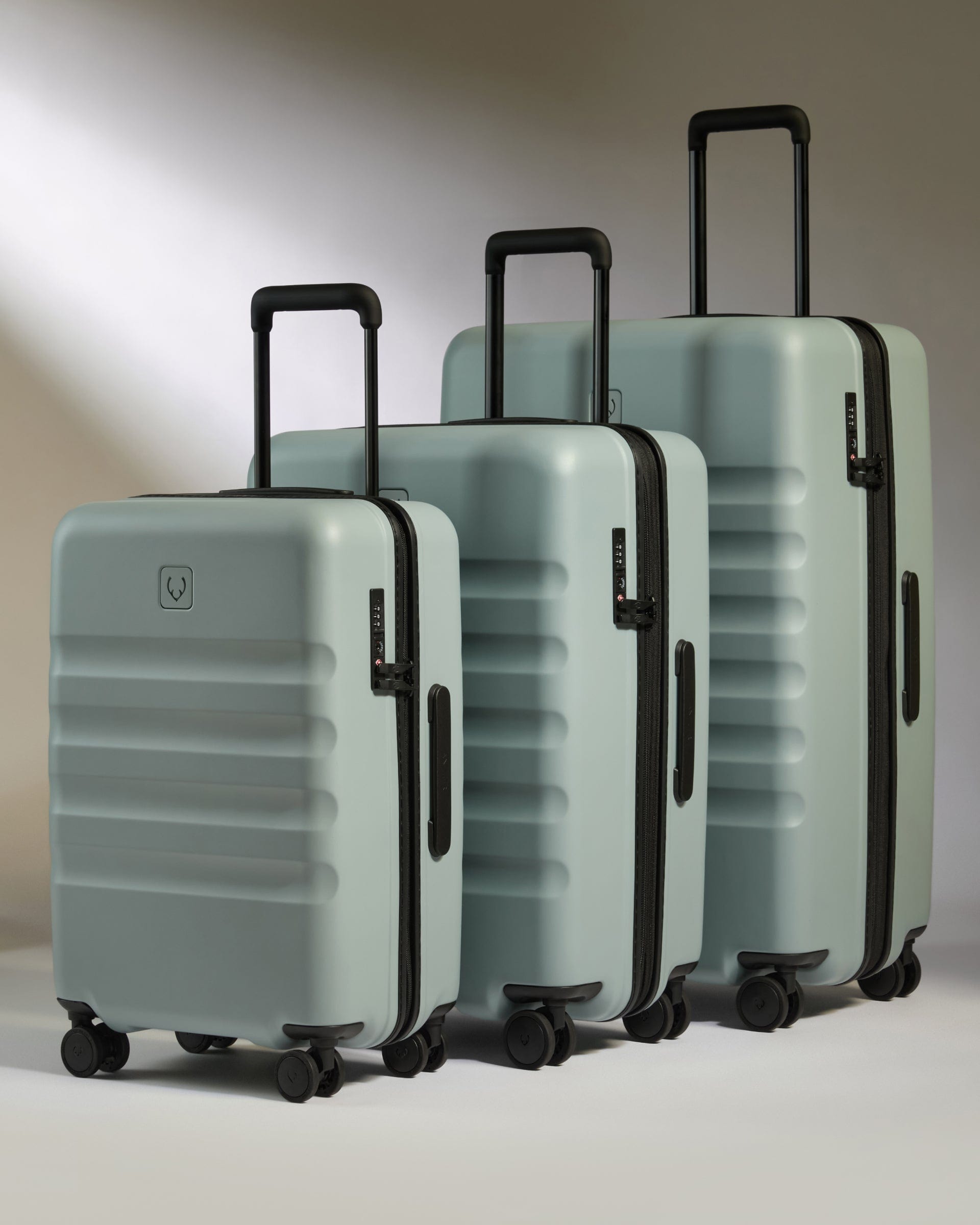 View Antler Icon Stripe Set With Biggest Cabin Suitcase In Mist Blue information