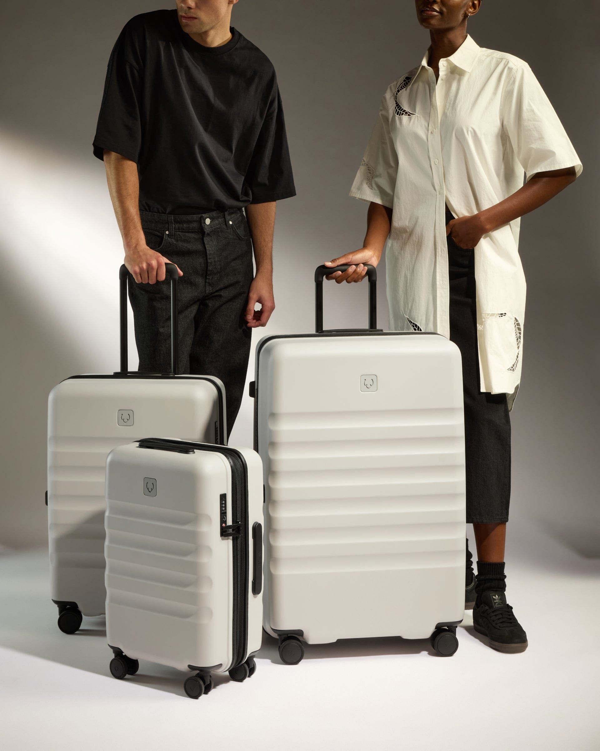 View Antler Icon Stripe Set With Biggest Cabin Suitcase In Taupe information