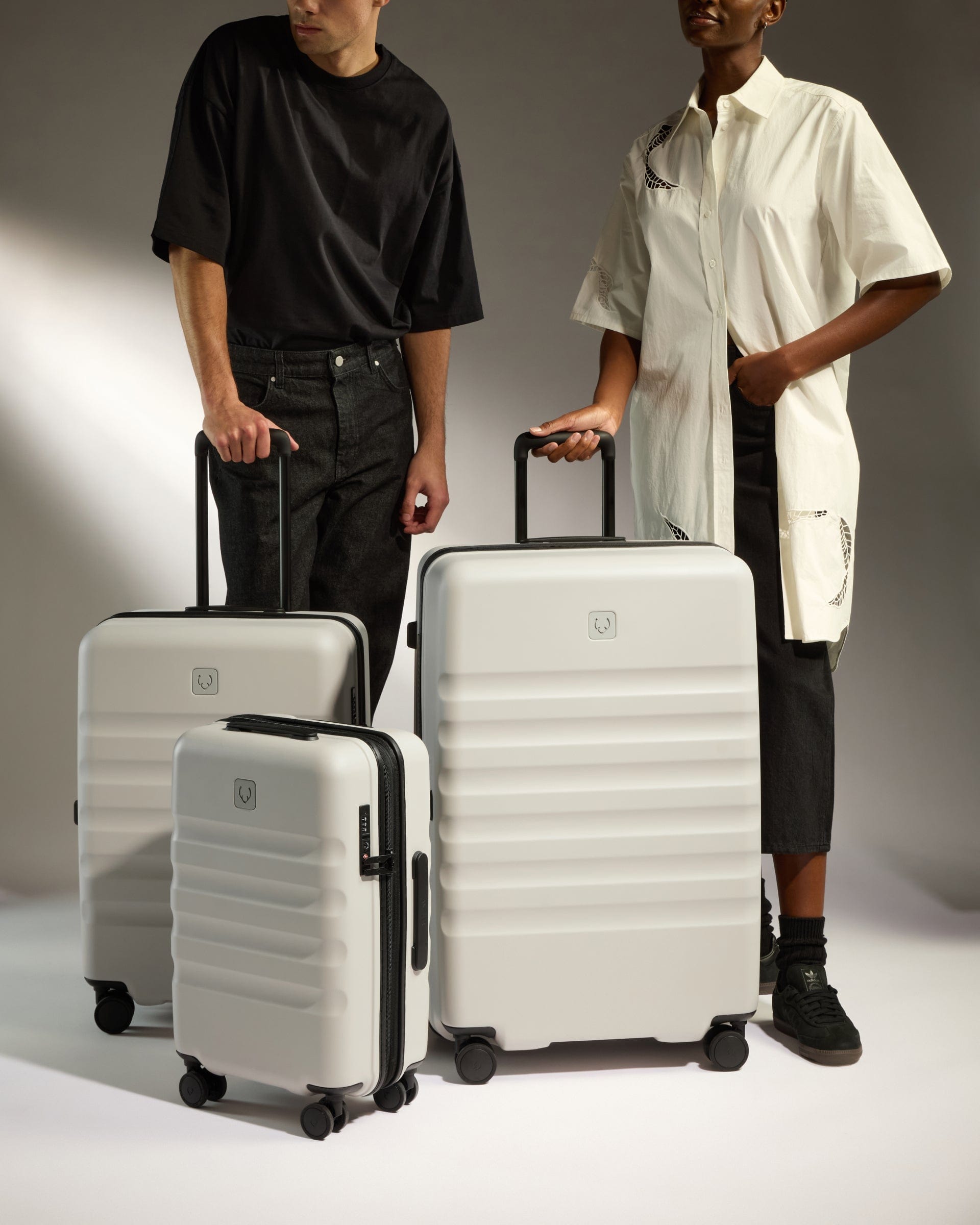 View Antler Icon Stripe Set With Expander Cabin Suitcase In Taupe information