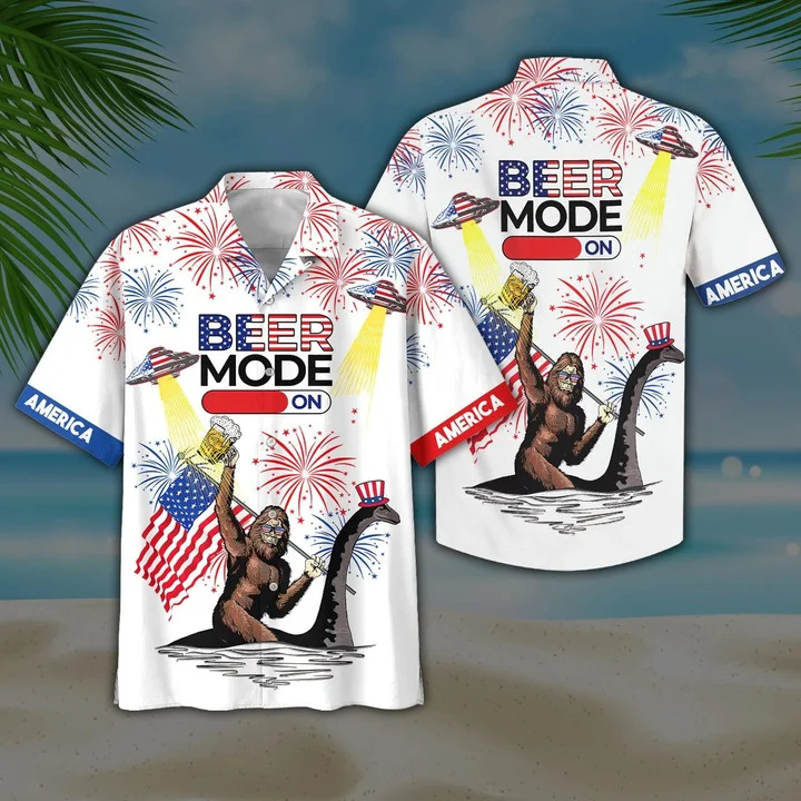 Beer Mode On Bigfoot Ufo White Hawaii Short Sleeve Hawaii Aloha Shirt For Men Ha78840