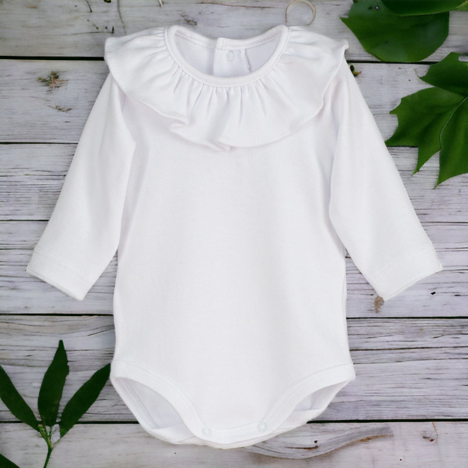 Long Sleeve Bodysuit Top with Ruffled Collar, for Babies - white