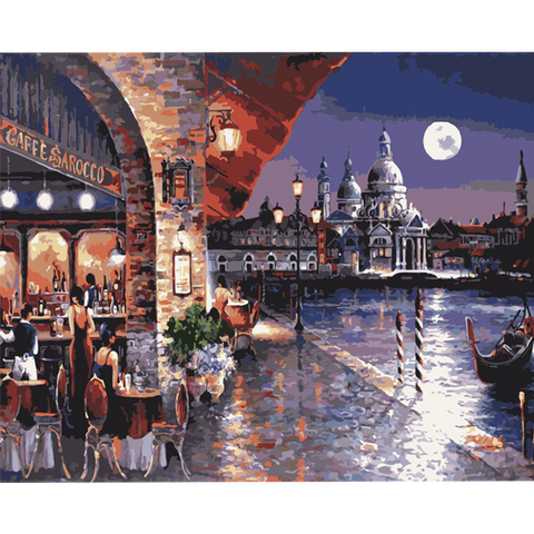 European Style Coffee Shop Night Painting