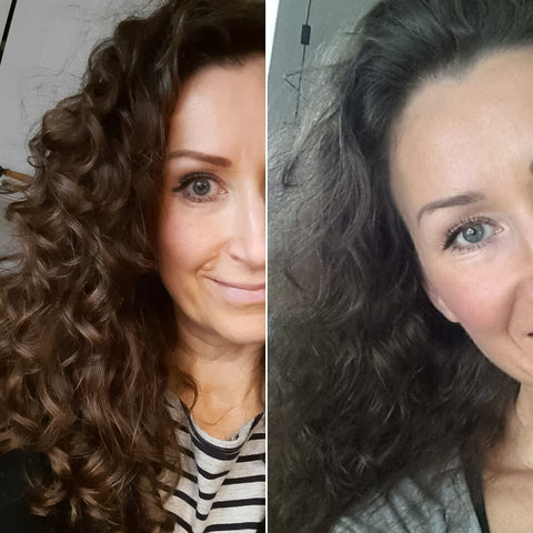 Before and after pictures. Curly hair transformation at home with Sumilay's curl care products.
