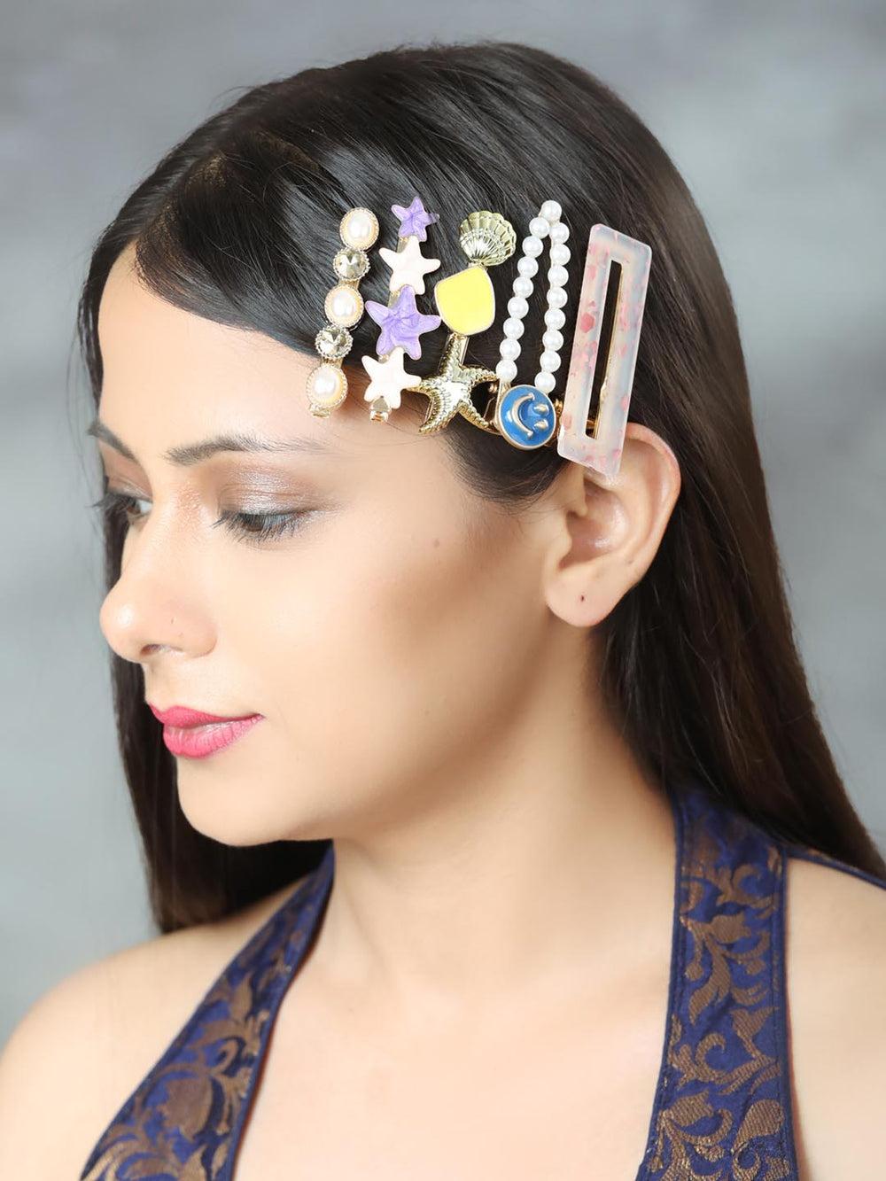Buy Priyaasi Grey Floral Studded Barrette Back Hair Clip Online
