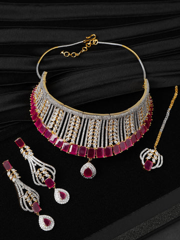 Berry Blush-Pink Ruby American Diamond MaangTikka Jewellery Set