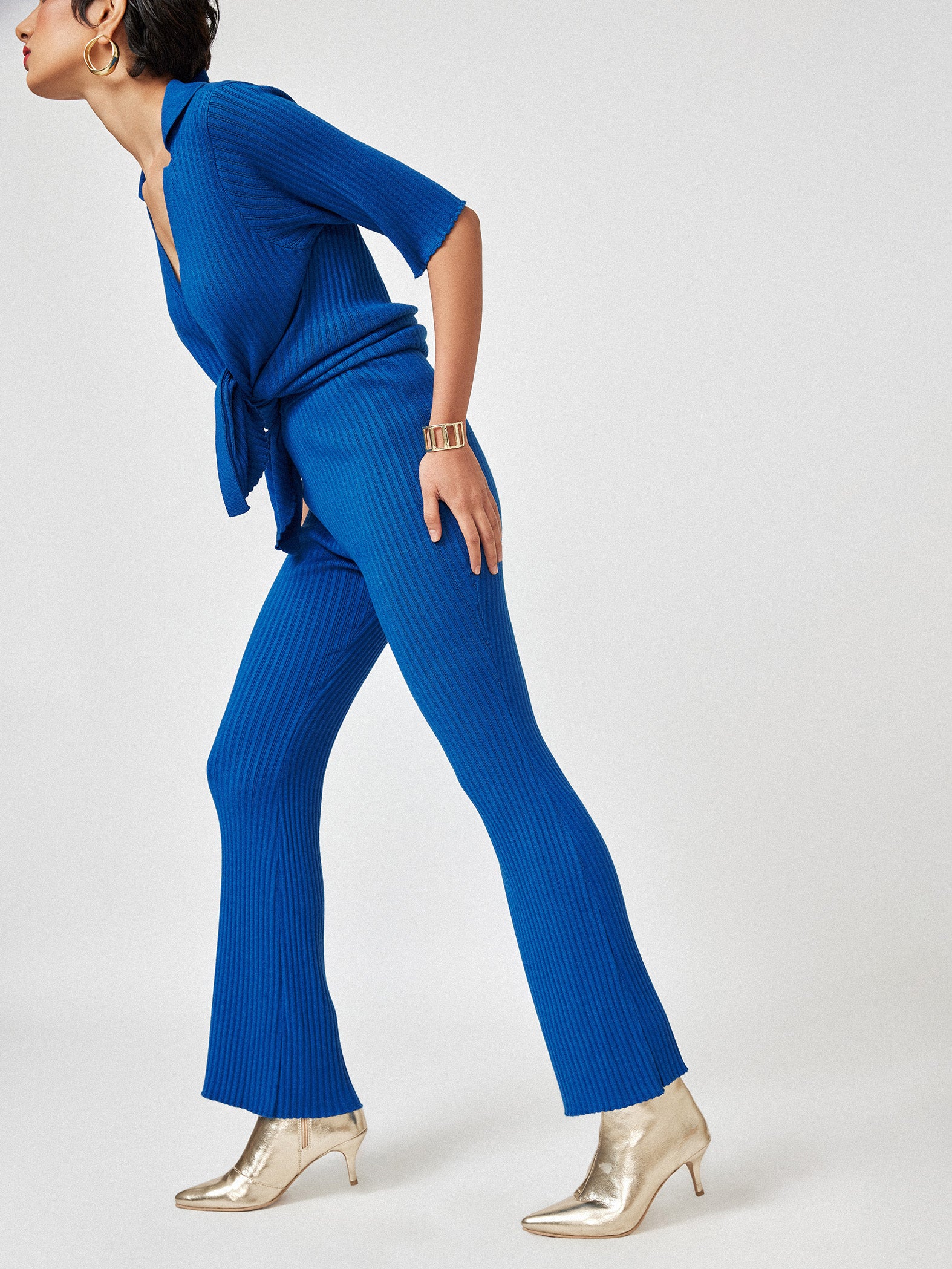 Blue High Waisted Ribbed Flare Pants - Blue / S