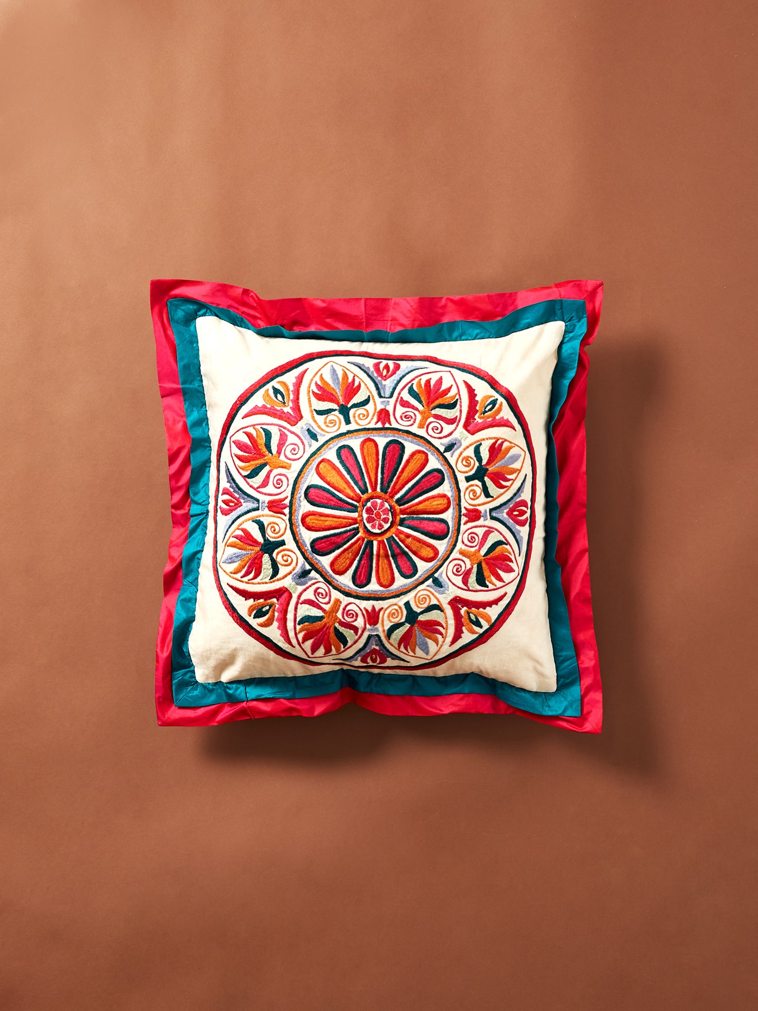 

Cotton Linen Suzani Embroidered Cushion, Pink;orange;blue;green;yellow
