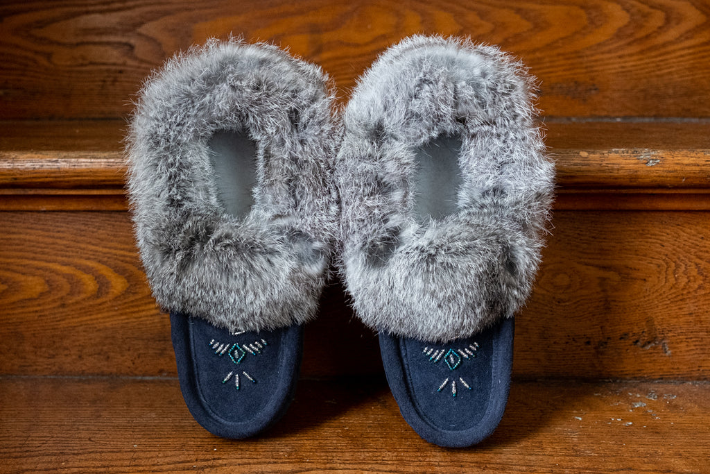 Navy rabbit fur slippers