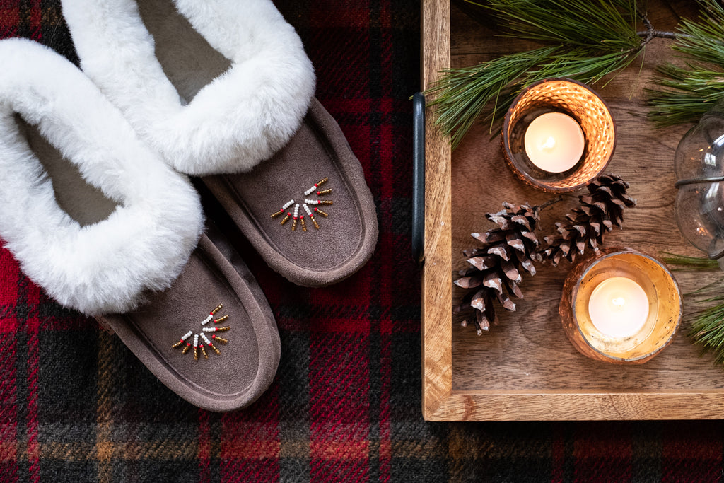 Cozy fall slippers with pinecone and candle